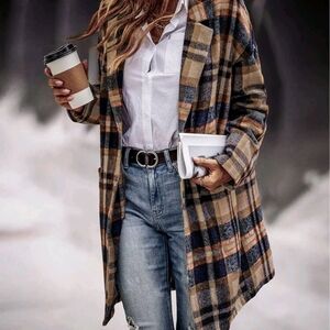 Plaid Longline Coat with Blue and Tan Accents